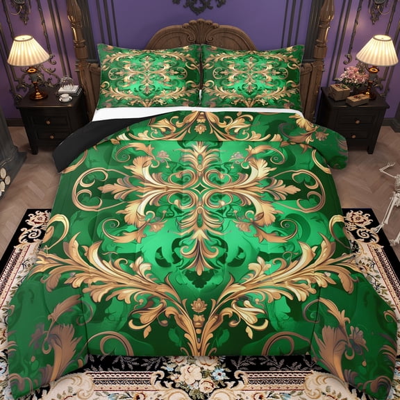 Erosebridal Gold Damask Bedding Queen Comforter Set,Boho Bohemain Flower Down Comforter,Vintage Florals Bedding Sets Queen with Comforter For Men Women,Breathable Room Decor Reversible，3 Pieces