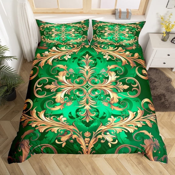 Erosebridal Gold Damask Comforter Cover King,Boho Bohemain Flower Bedding King Size,Vintage Florals Duvet Cover King For Men Women,Breathable Room Decor Reversible,3-Piece(No Comforter)