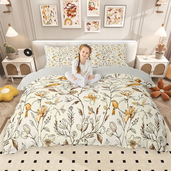 Erosebridal Gold Floral Duvet Cover Set, Chic Bird Bedding Full for Girls, Gray Reversible, 3pcs 1 Duvet Cover and 2 Pillowcases, No Comforter
