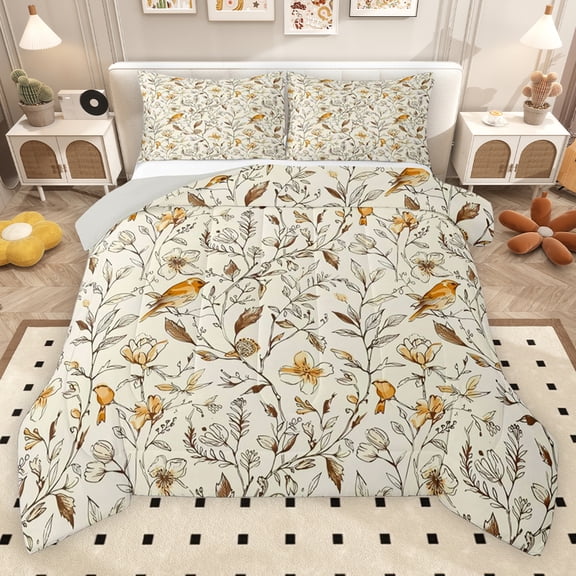 Erosebridal Gold Floral Queen Comforter Set, Chic Bird Bedding Comforter Set for Girls, Gray Reversible, 3pcs