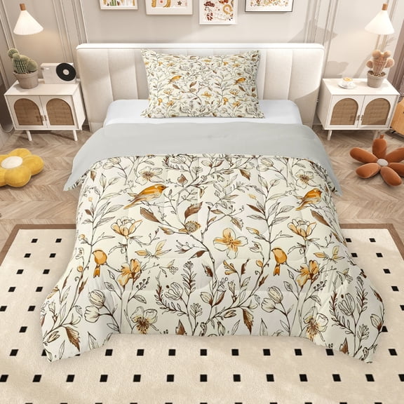 Erosebridal Gold Floral Twin Comforter Sets, Chic Bird Bedding Set for Girls, Gray Reversible, 2pcs