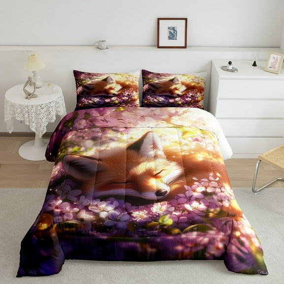 Erosebridal Gold Fox Bedding Queen Comforter Set, Flower Down Comforter, Cartoon Animal Decor, 3pcs