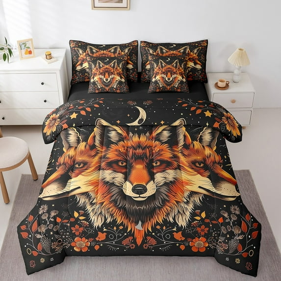 Erosebridal Gold Fox Bedding Sets Twin Size, Jungle Floral Comforter Sets with Sheets, Woodland Wildlife Decor, Reversible 7 Pieces