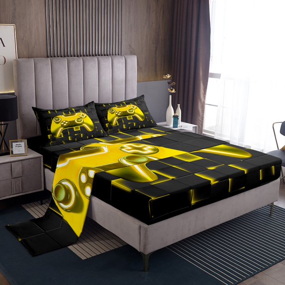 Erosebridal Gold Gamepad Bed Sheets King, Neon Light Geometric Square Bedding Sets King Size, Gaming Bedroom Decor 4-Piece