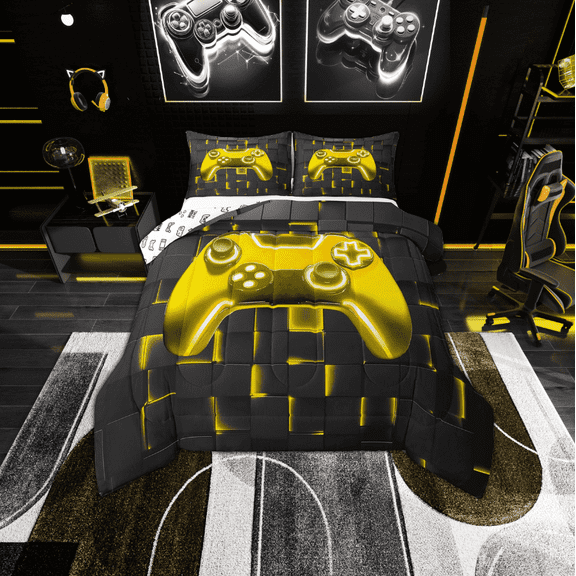 Erosebridal Gold Gamepad Bedding Twin Comforter Set, Neon Light Geometric Square Down Comforter, Gaming Bedroom Decor, Reversible 2-Piece