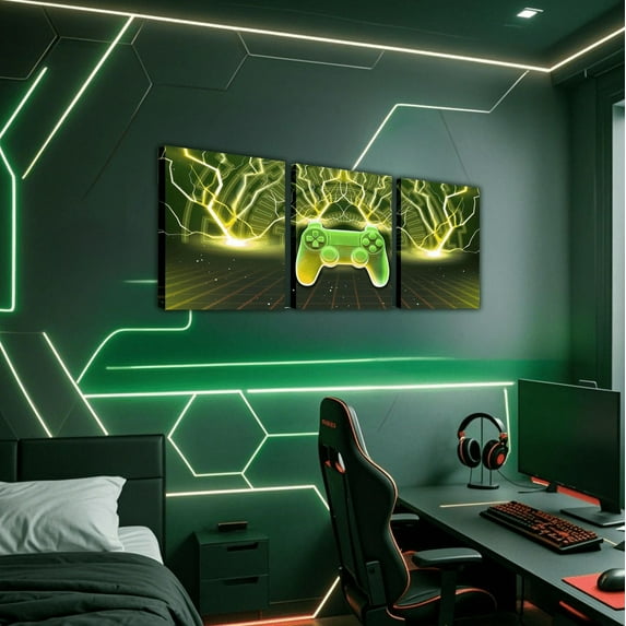 Erosebridal Gold Gamer Gaming Canvas Wall Art Living Room , Video Game Lightning Wall Decor for Bedroom