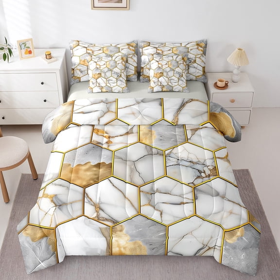 Erosebridal Gold Gray Marble Bed in a Bag Full Size,Modern Aesthetic Art Bed Set,Geometric Honeycomb Hexagon Bedding Full Size,Breathable Room Decor Reversible,7 Pieces