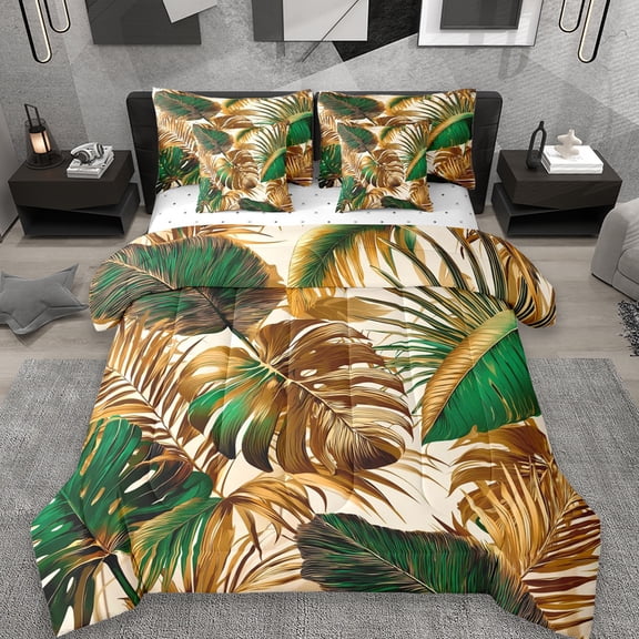 Erosebridal Gold Green Monstera Leaf 7-Piece Twin Bedding Sets,Tropical Botanical Tree Bedding Comforter Set For Men Women,Reversible