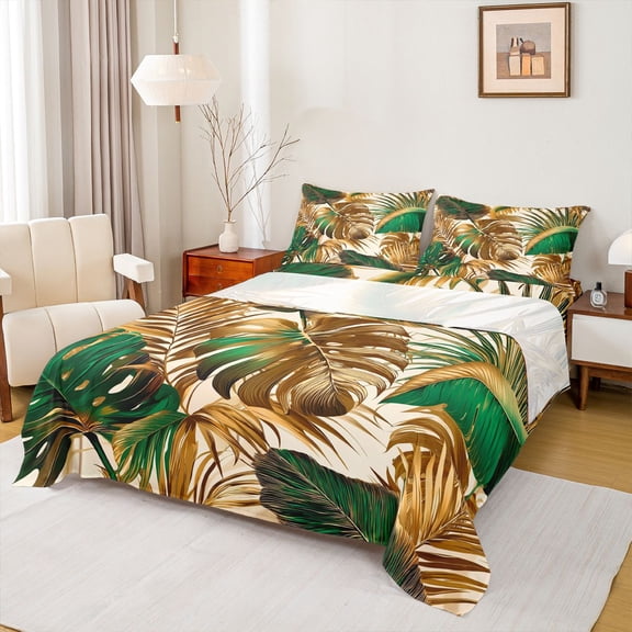 Erosebridal Gold Green Monstera Leaf Bed Sheets,Tropical Botanical Tree King Sheets For Men Women 4pcs