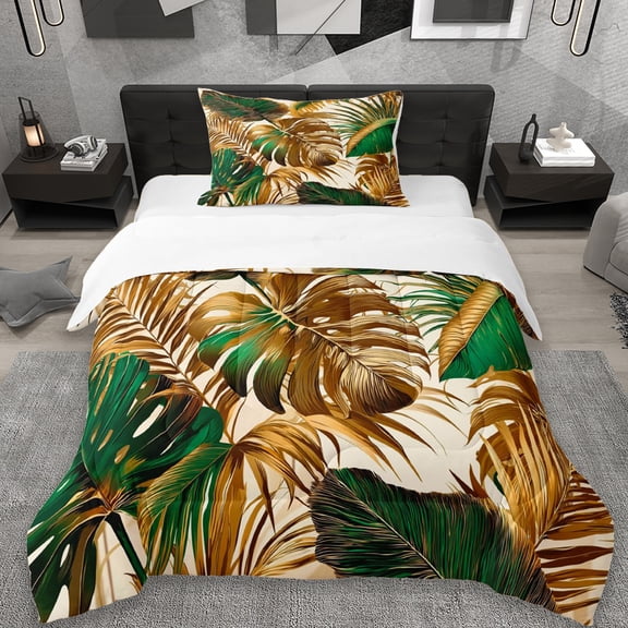 Erosebridal Gold Green Monstera Leaf Twin Comforter Sets,Tropical Botanical Tree Bedding Set For Men Women 2pcs