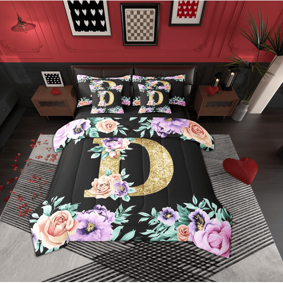 Erosebridal Gold Initial Letter Bedding Sets, Monogrammed D Comforter Sets with Sheets, Vintage Flower Reversible Bed Sheets Set, Super Cozy Bedroom Decor, 7pcs