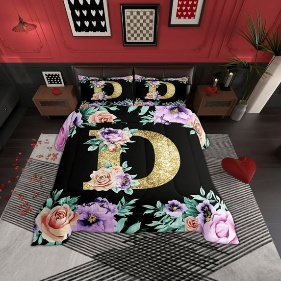 Erosebridal Gold Initial Letter Comforter Sets Queen Size, Monogrammed D Comforters & Duvets, Vintage Flower Reversible Duvet Insert, Super Cozy Bedroom Decor, 3pcs