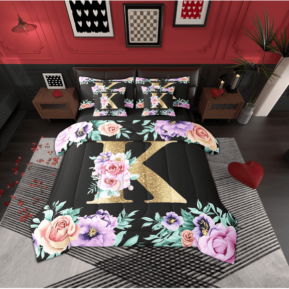 Erosebridal Gold K Bed in a Bag, Initial Letter Bed Set, Colorful Rose Reversible Comforter Sets, Breathable Room Decor, 7 Pieces