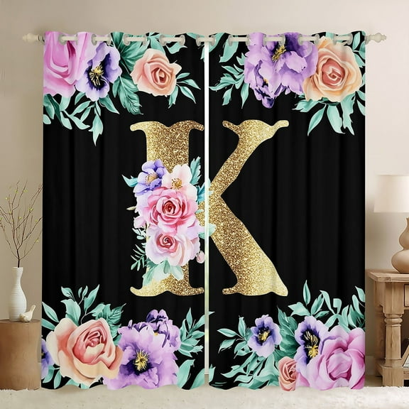 Erosebridal Gold K Curtains for Living Room, Initial Letter 30%-50% Blackout Curtains Set of 2 (42x63), Colorful Rose 30%-50% Black Out Curtains, Window Curtains Room Decor