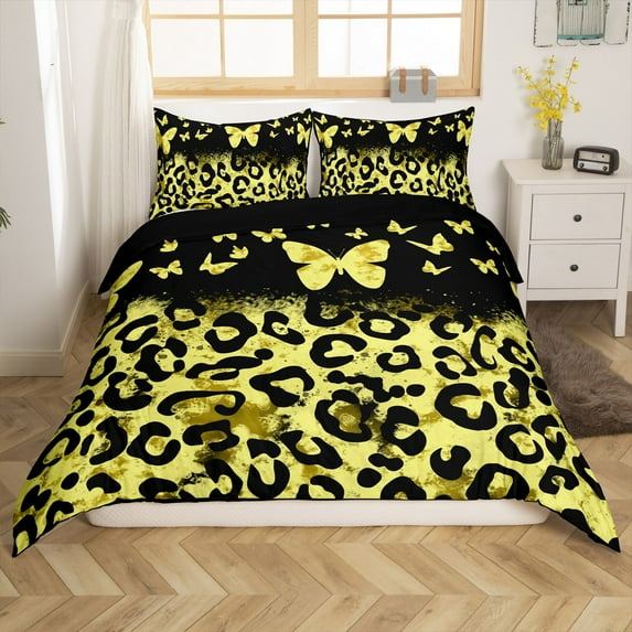 Erosebridal Gold Leopard Print Duvet Cover Full, Chic Butterfly Bedding Full Size , Reversible 3pcs, (No Comforter)