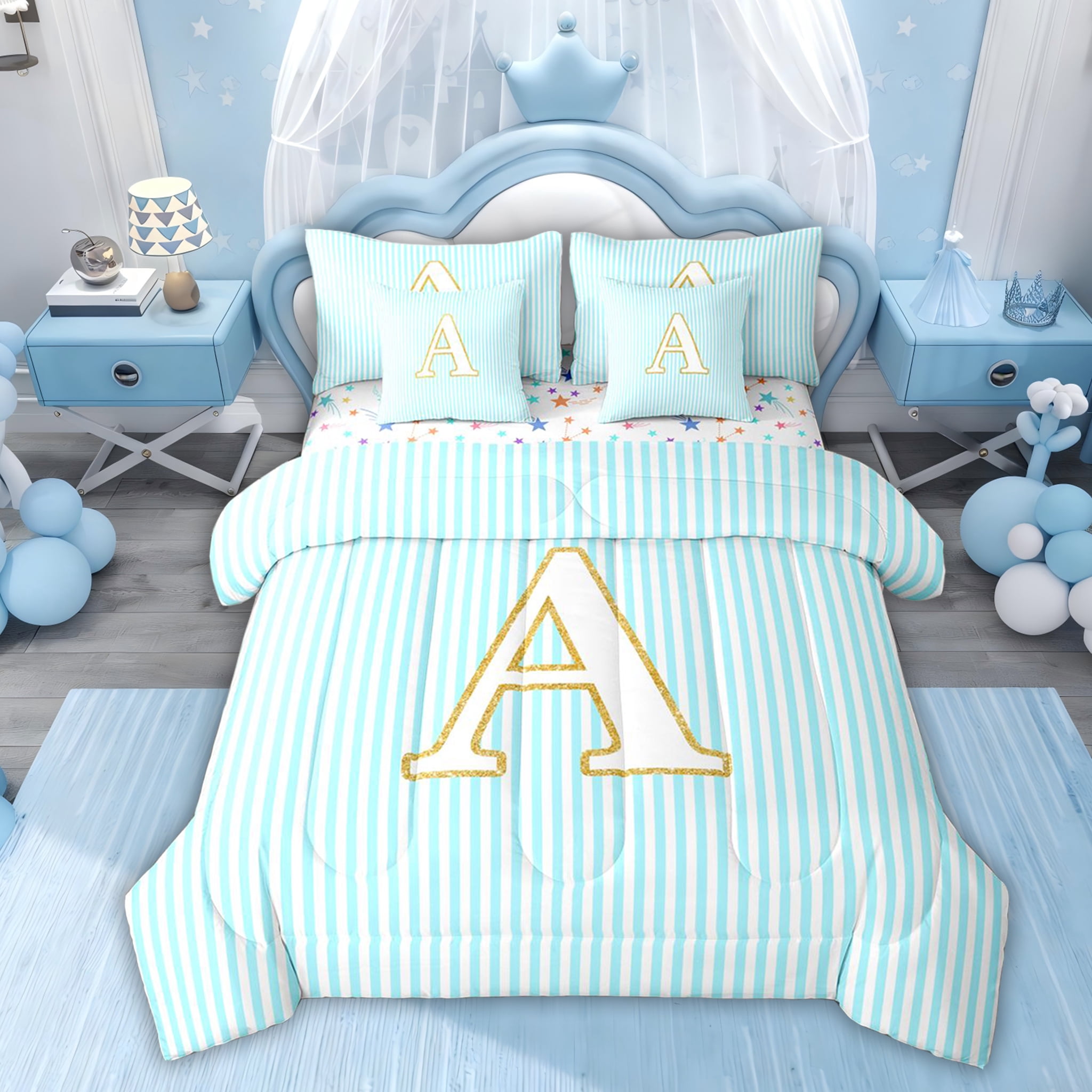 Erosebridal Gold Letter A Bedding Comforter Set 7pcs for Kid, Blue ...