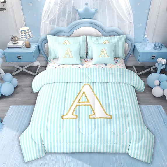 Erosebridal Gold Letter A Twin Bedding Sets 7-Piece for Kid, Blue Cartoon Line Bedding Comforter Set