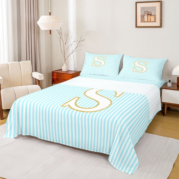 Erosebridal Gold Letter S Queen Sheet Sets for Kid, Blue Cartoon Line Bed Set, 4 Pieces
