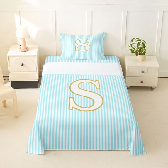 Erosebridal Gold Letter S Twin Sheet Sets for Kid, Blue Cartoon Line Bedding, 3 Pieces