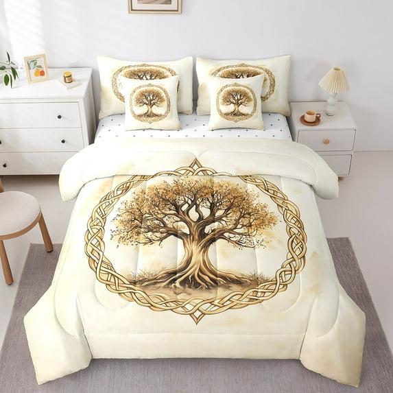 Erosebridal Gold Life Tree Bedding Sets King Size, Retro Branches Comforter Sets with Sheets, Botanical Decor, Reversible 7-Piece