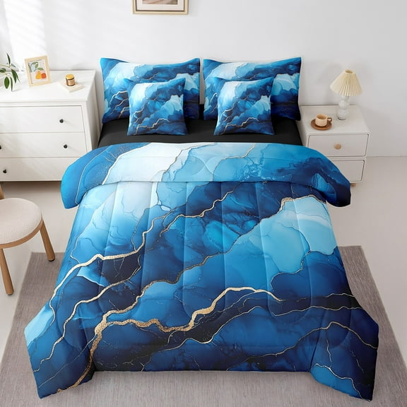 Erosebridal Gold Metallic Bed in a Bag Full size,Gradient Marble Bed Set,Marbling Decor,Reversible,Breathable,7-Piece