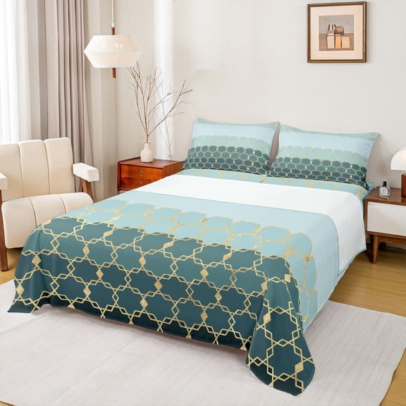 Erosebridal Gold Minimalist Hexagon Bed Sheets 4pcs For Teens,Boys Girls Geometric Honeycomb King Sheets,Green Gold