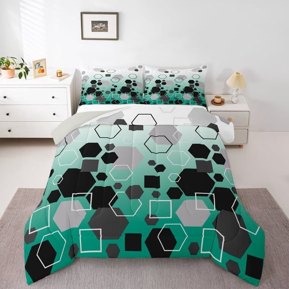 Erosebridal Gold Minimalist Hexagon Square Queen Comforter Set 3pcs For Teens,Boys Girls Geometric Honeycomb Bedding Comforter Set,Black Green,Grey Reversible
