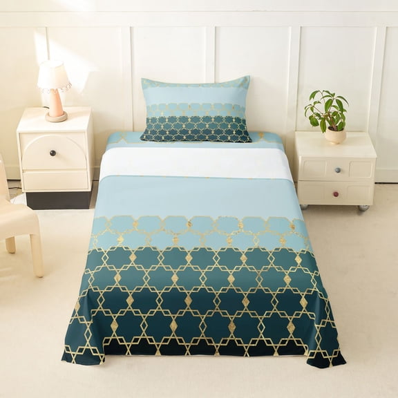 Erosebridal Gold Minimalist Hexagon Twin Sheet Sets 3pcs For Teens,Boys Girls Geometric Honeycomb Bedding,Green Gold