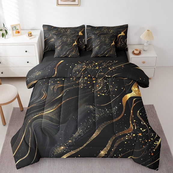 Erosebridal Gold Splashing Ink Bedding Sets Twin Size,Abstract Stone Texture Comforter Sets with Sheets,Modern Aesthetic Marbling Bed in a Bag Twin Size,Microfiber Bedroom Decor Reversible,7-Piece
