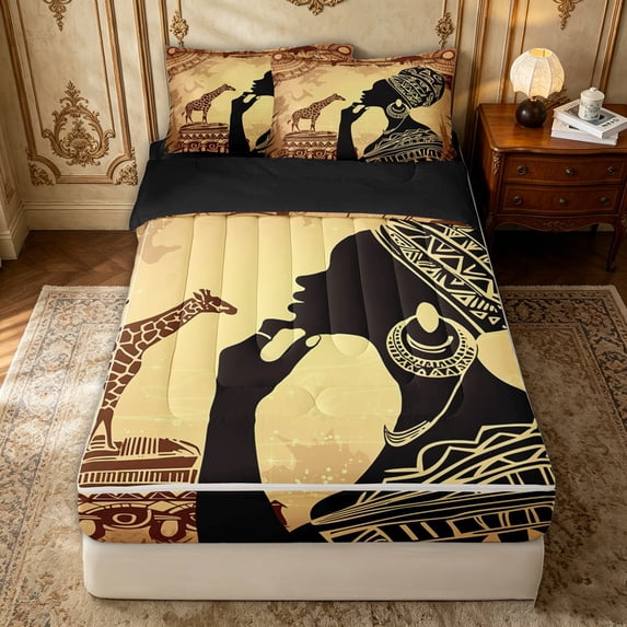 Erosebridal Gold Tribal Woman Zipper Twin Comforter Sets with Fitted Sheet and 2 Pillowcases for Women Girls, Bohemian Giraffe Print Zipper Bedding Set, Black Reversible, 4pcs