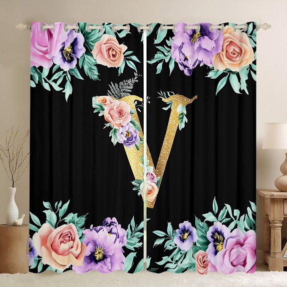 Erosebridal Gold V Curtains and Drapes (42x90), Initial Letter 30%-50% Blackout Curtains for Bedroom, Colorful Rose Curtains for Living Room, Window Curtains Room Decor
