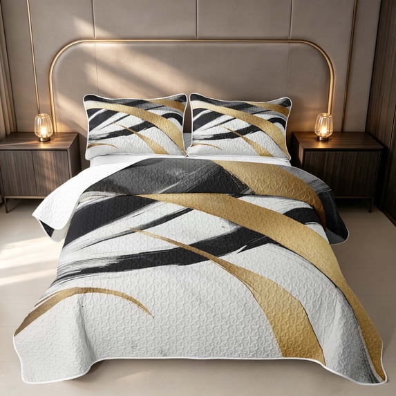 Erosebridal Gold White Black Twin Quilt Set, Abstract Aesthetic Twin Coverlet Set, Black Reversible 2-Piece 1 Bedspread and 1 Pillowcase