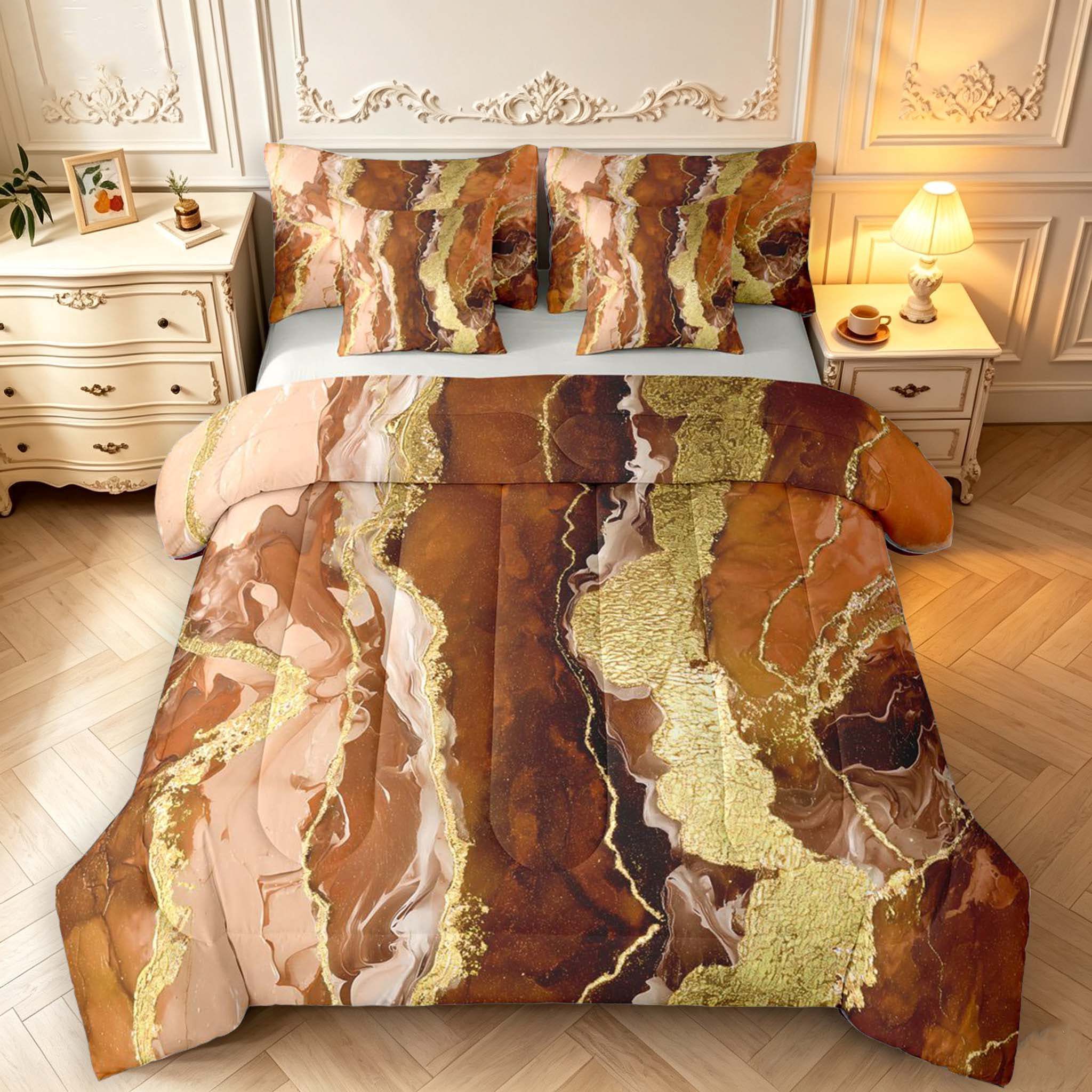 Erosebridal Golden Brown Marble Stripe 7 Pieces Full Size Bedding Sets ...