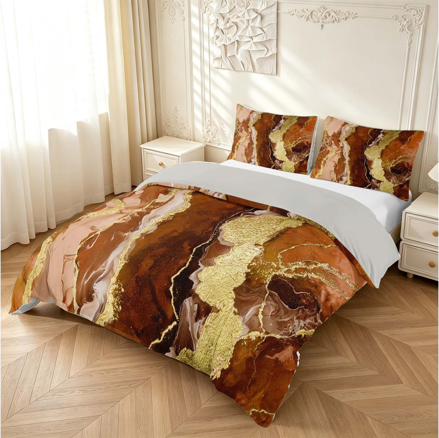 Erosebridal Golden Brown Marble Stripe Duvet Cover King,Modern ...