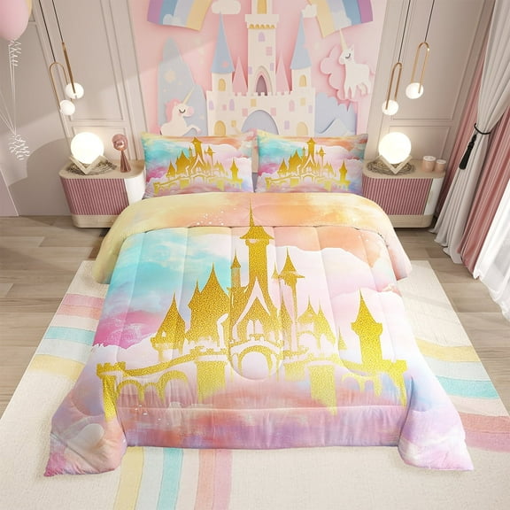 Erosebridal Golden Castle Print Bedding Sets Twin with Comforter, Dreamy Fairy Tale Duvet Insert, Watercolor Room Decor, Breathable