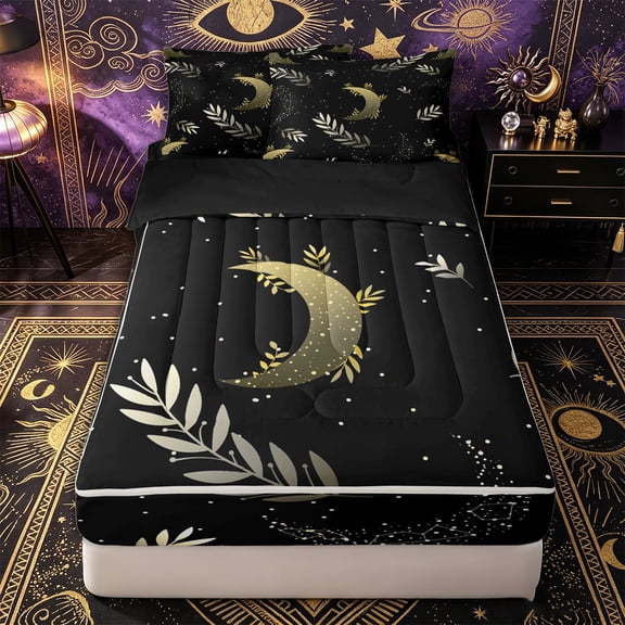 Erosebridal Golden Crescent Zipper Twin Comforter Sets with Fitted Sheet and 2 Pillowcases,Delicate Leaf Print Zipper Bedding Set,Black Gold,Black Reversible