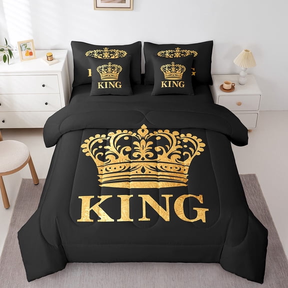 Erosebridal Golden Crown Bedding Sets Twin Size,King Print Comforter Sets with Sheets,Royal Decoration,Reversible,7pcs