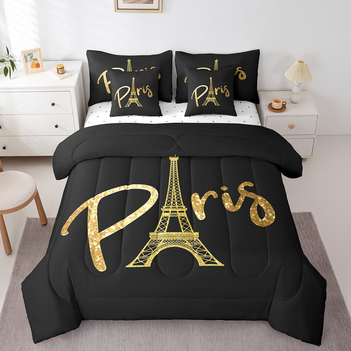 Erosebridal Golden Eiffel Tower Bedding Sets Twin Size,Romatic Glitter ...