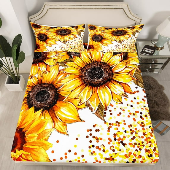 Erosebridal Golden Flower Fitted Sheet Set Queen,Floral Sunflower Fitted Sheet Queen,Autumn Decor,Ultra Soft,3 Pieces(No Top Sheet)