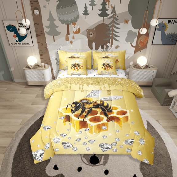 Erosebridal Golden Honeybee Bedding Sets Twin Size,Crystal Sequin Print Comforter Sets With Sheets,Bling Decor,Reversible,Breathable,7Pcs