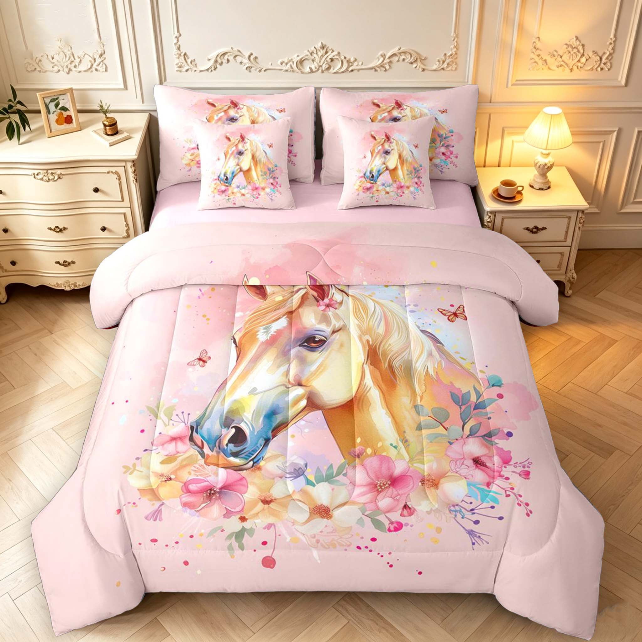 Erosebridal Golden Horses Animals Floral 7-Piece King Bedding,Pink ...