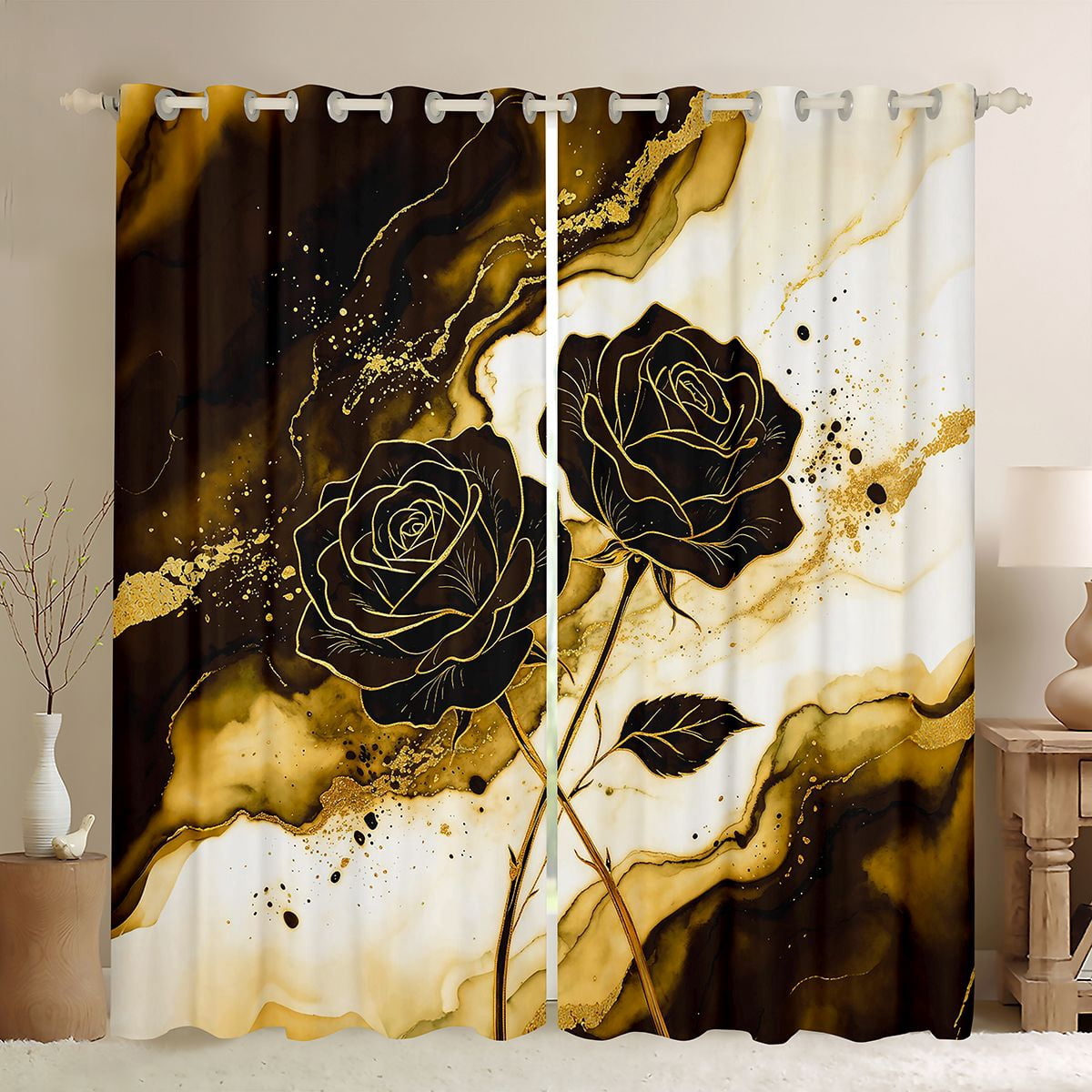 Goldish Roses Erosebridal Golden Marble Rose Line Curtains and Drapes Pack of 2 ...