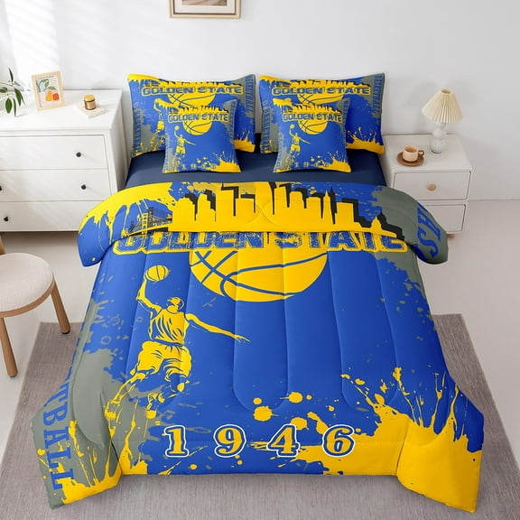 Erosebridal Golden State Bed in a Bag Queen Size,Basketball Sports Bed Set,Yellow Blue Splashing Ink Bedding Queen Size,Ultra Soft Room Decor Reversible,7 Pieces