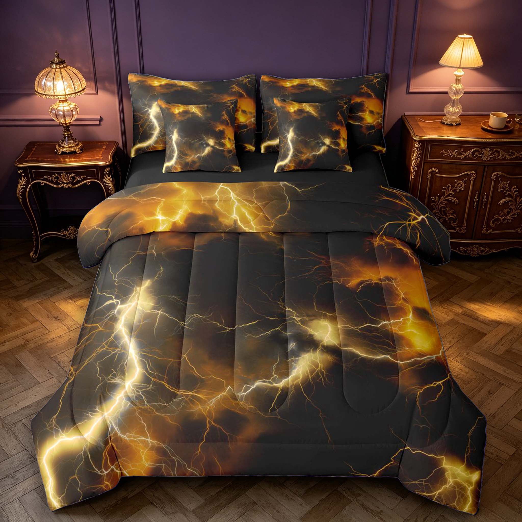 Store Sign Flashcard Erosebridal Golden Storm Lightning 7 Pieces Full Size Bedding Sets,Dark ...