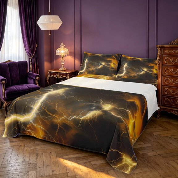 Erosebridal Golden Storm Lightning Queen Sheets,Dark Clouds Pattern Queen Sheet Sets,4-Piece,1 Flat Sheet,1 Fitted Sheet and 2 Pillowcases