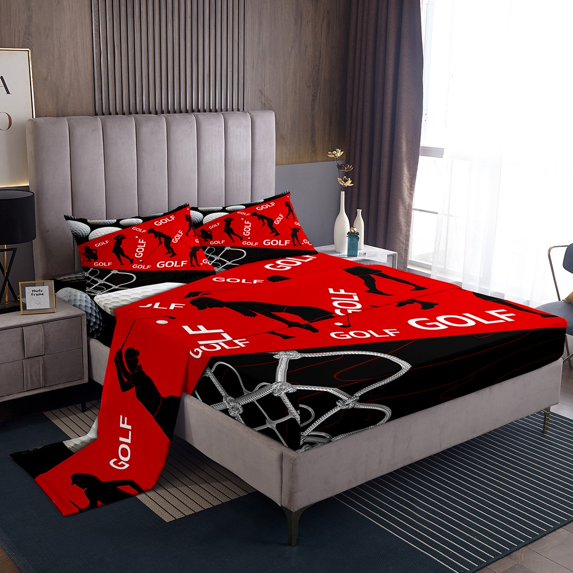 Erosebridal Golf Player Bed Sheets Set Queen Size, Ball Sports Lover Bed Sheets Queen, Black Red 4 Pieces
