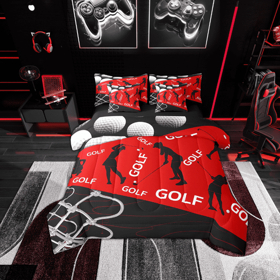 Erosebridal Golf Player Bedding Sets Twin Size, Ball Sports Lover Comforter Sets with Sheets, Black Red, Reversible 7 Pieces