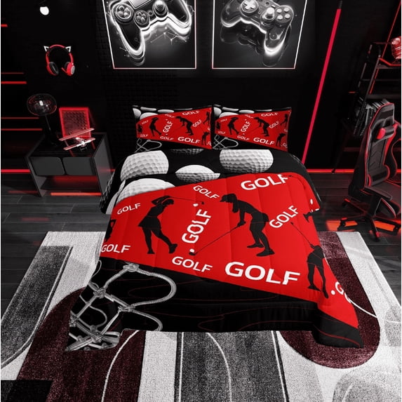 Erosebridal Golf Player Bedding Sets Twin with Comforter, Ball Sports Lover Duvet Insert, Black Red, Lightweight 2 Pieces