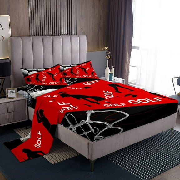Erosebridal Golf Player Sheet Set Twin, Ball Sports Lover Bedding Sets Twin Size, Black Red 3 Pieces