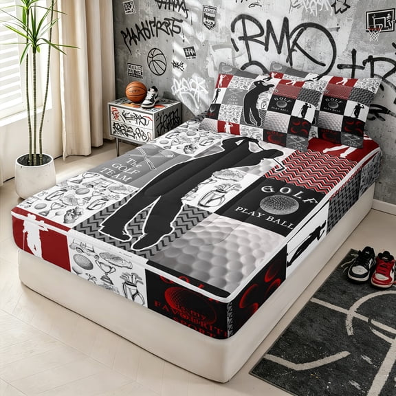 Erosebridal Golf Player Zipper Queen Comforter Set with Fitted Sheet and 2 Pillowcases for Boys Men, Eat Sleep Sport Zipper Bedding Set, Black Reversible, 4pcs